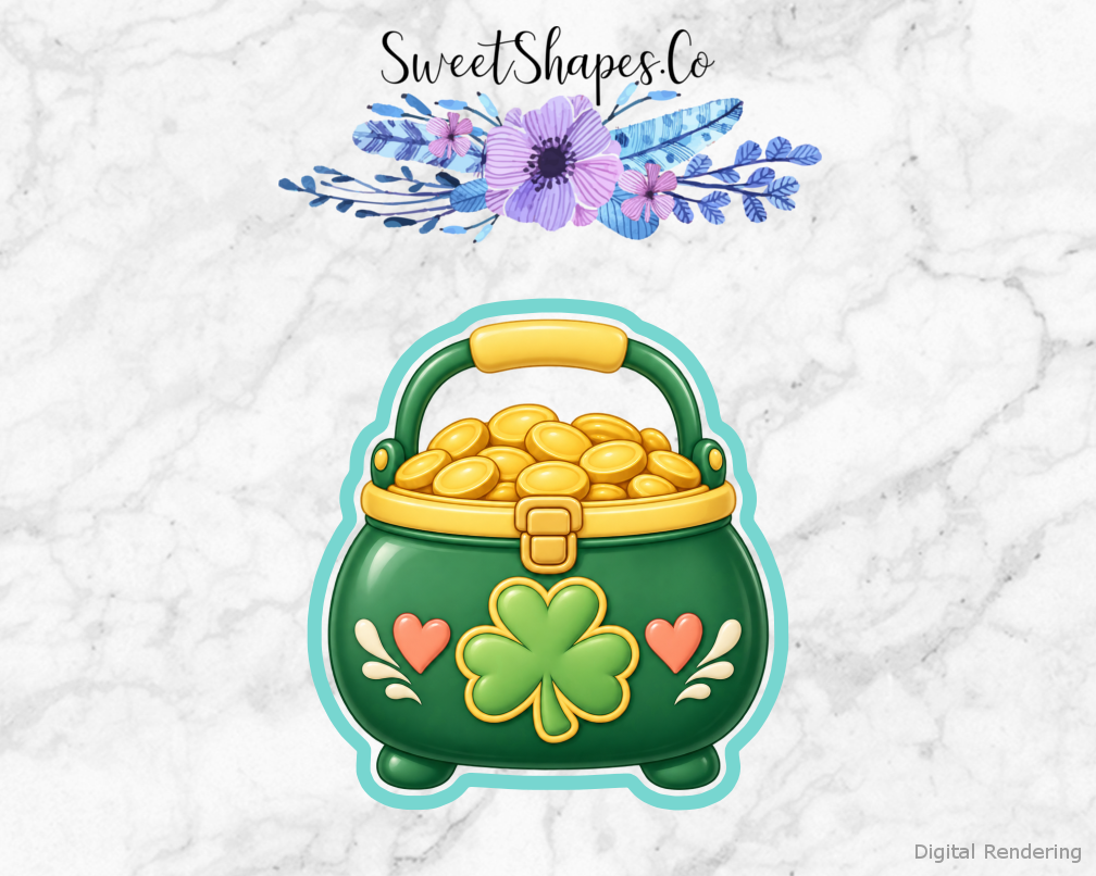 Lucky Picnic Pot of Gold Lunch Pail cookie cutter artwork with teal cutting outline - part of the Lucky Rainbow Picnic set