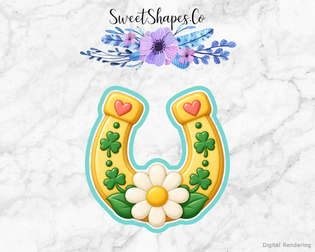 Lucky Picnic Lucky Horseshoe with Daisy cookie cutter artwork with teal cutting outline - part of the Lucky Rainbow Picnic set