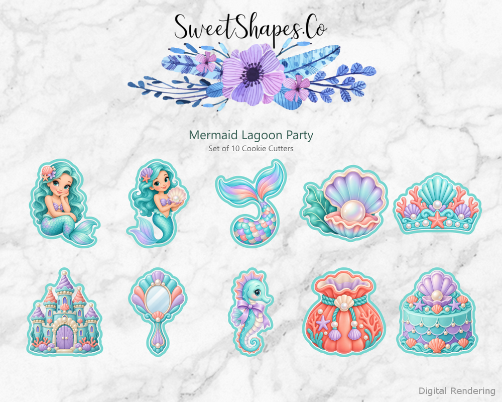 Mermaid Lagoon Party Cookie Cutters - Set of 10 - full colour overview with cutting outlines