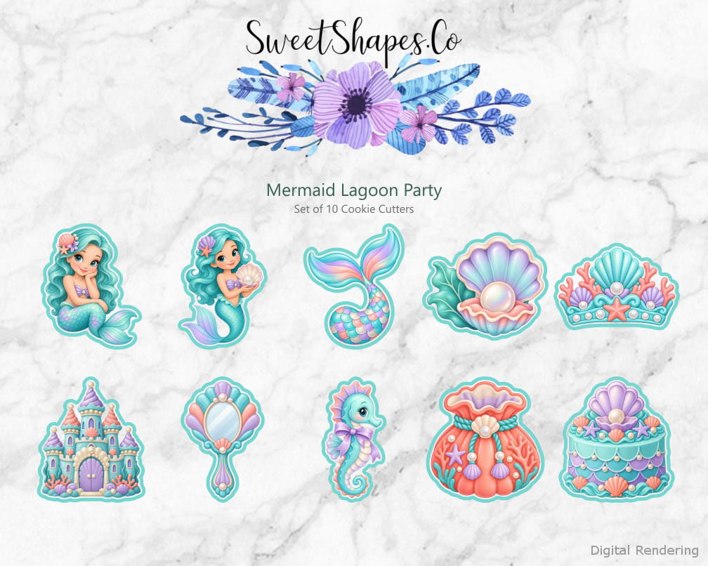 Mermaid Lagoon Party Cookie Cutters - Set of 10 - full colour overview with cutting outlines