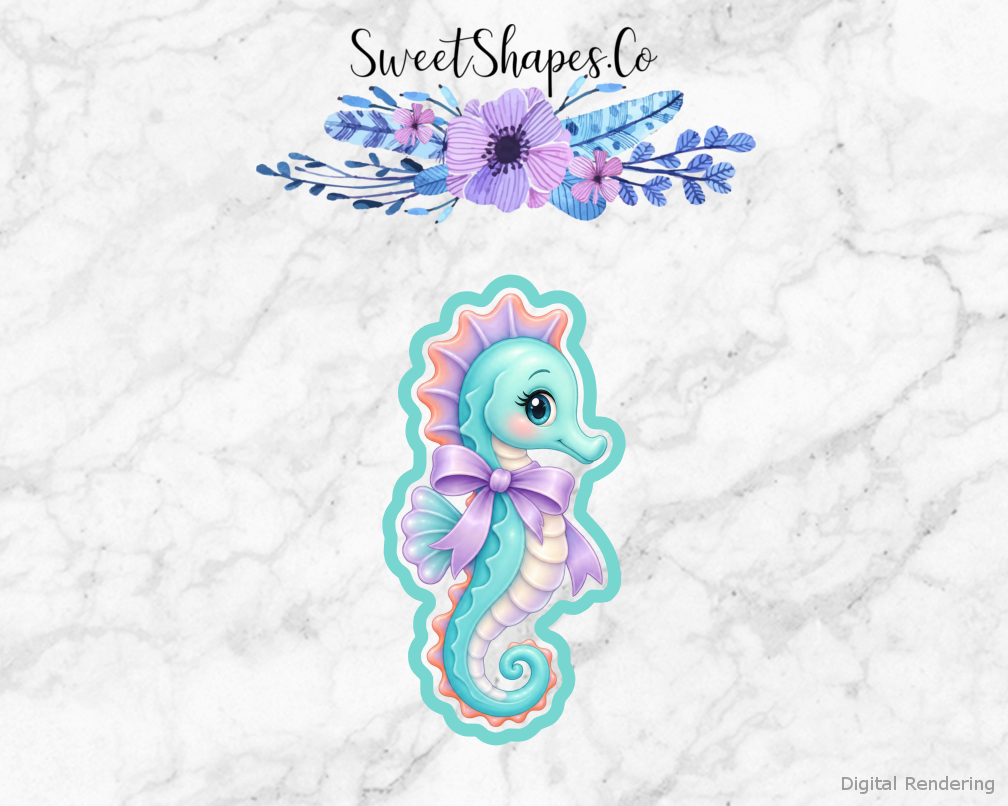 Lagoon Party Seahorse with Ribbon cookie cutter artwork with teal cutting outline - part of the Mermaid Lagoon Party set