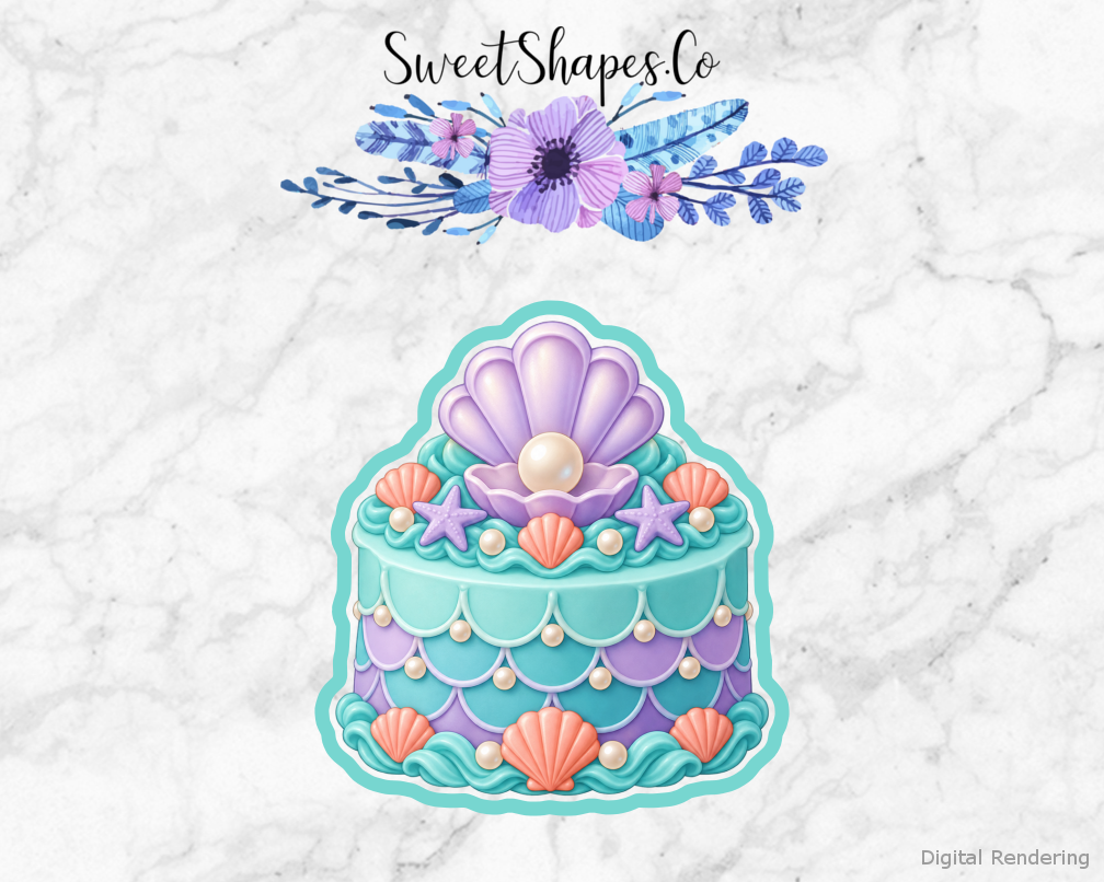 Lagoon Party Shell Birthday Cake cookie cutter artwork with teal cutting outline - part of the Mermaid Lagoon Party set