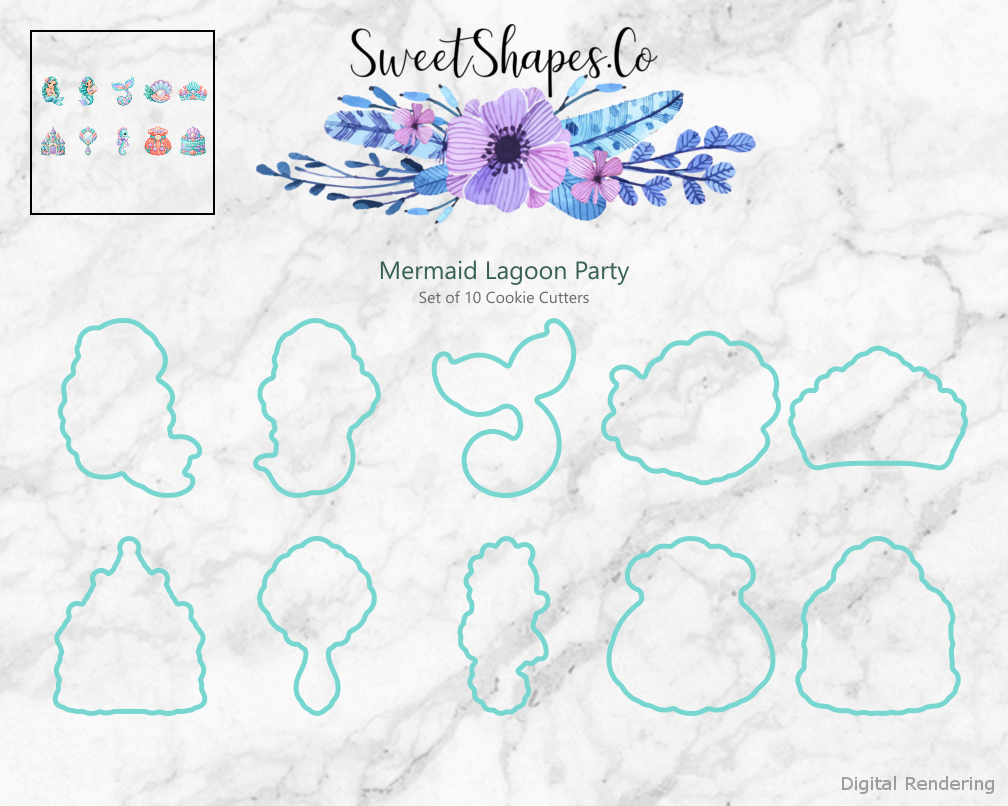 Mermaid Lagoon Party Cookie Cutters - Set of 10 - cutting outline overview