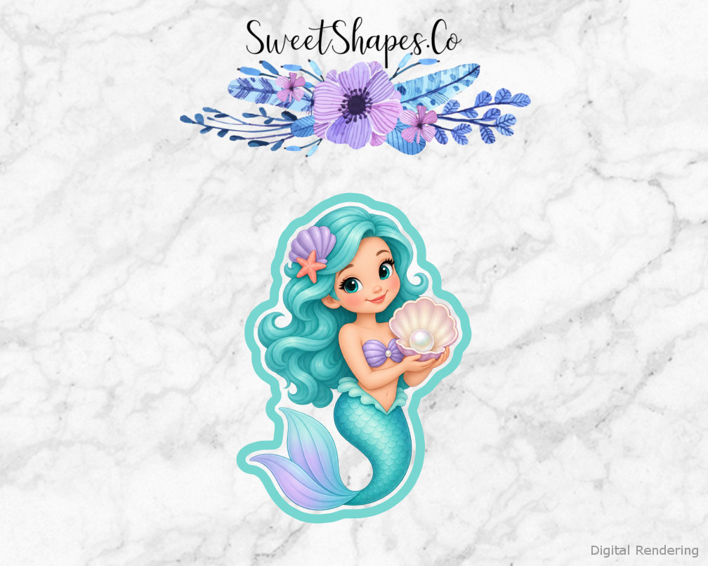 Lagoon Party Mermaid Holding Pearl Shell cookie cutter artwork with teal cutting outline - part of the Mermaid Lagoon Party set