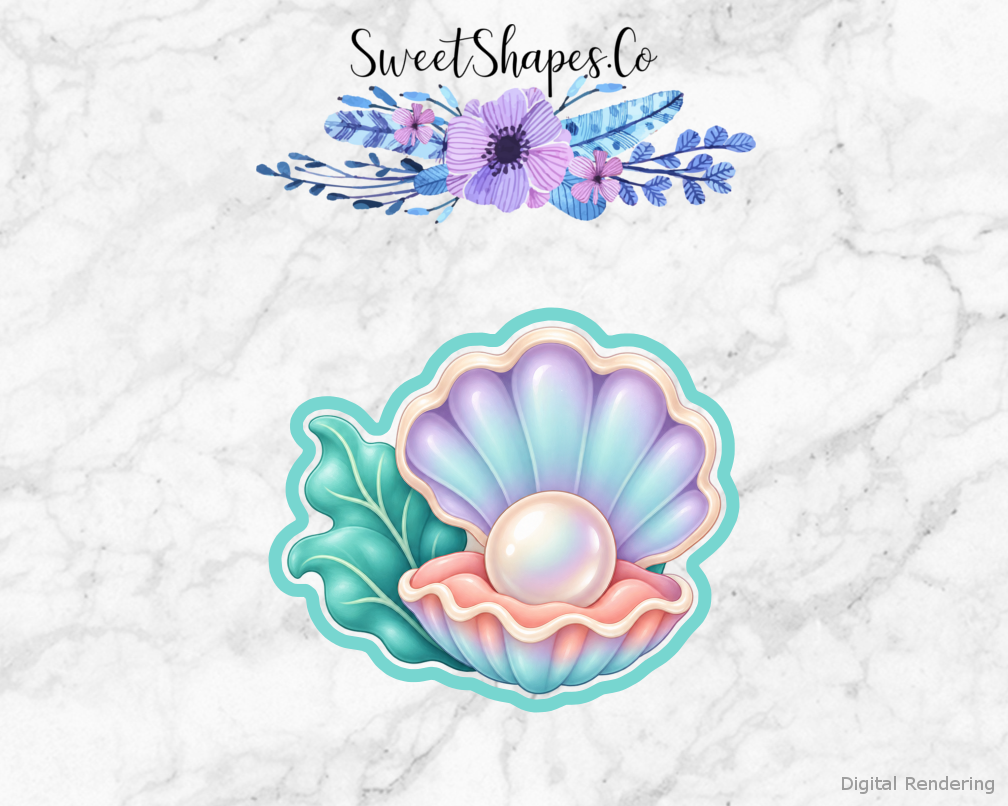 Lagoon Party Pearl Oyster with Leaf cookie cutter artwork with teal cutting outline - part of the Mermaid Lagoon Party set