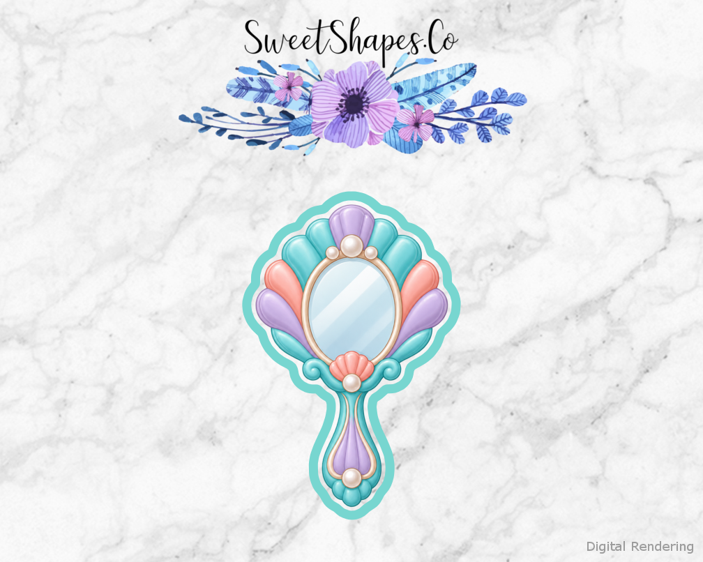 Lagoon Party Shell Hand Mirror cookie cutter artwork with teal cutting outline - part of the Mermaid Lagoon Party set
