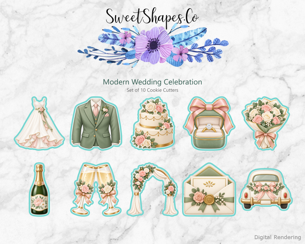 Modern Wedding Celebration Cookie Cutters - Set of 10 - full colour overview with cutting outlines