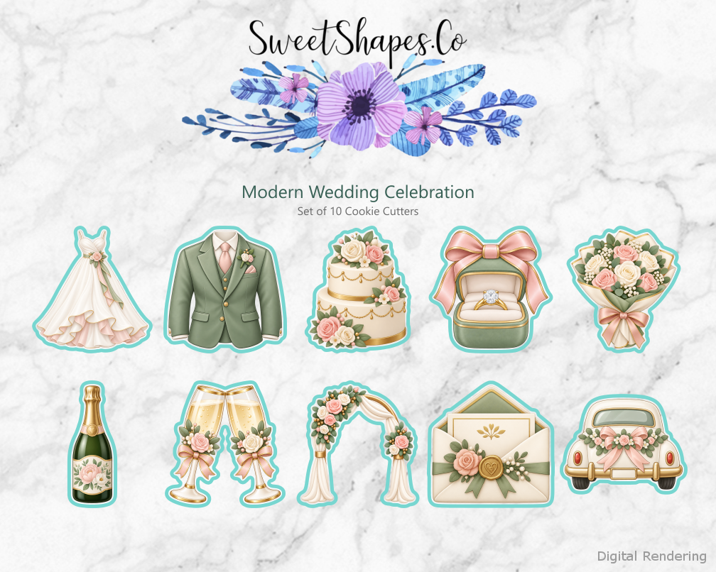 Modern Wedding Celebration Cookie Cutters - Set of 10 - full colour overview with cutting outlines