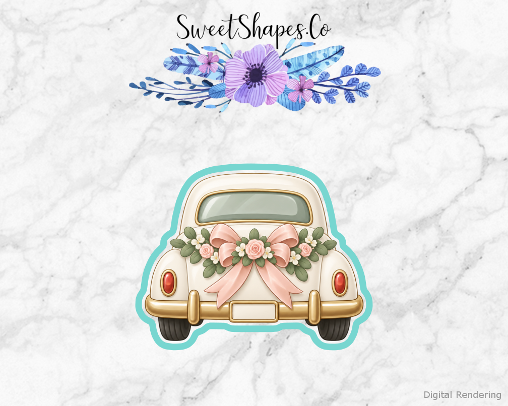Modern Wedding Wedding Getaway Car cookie cutter artwork with teal cutting outline - part of the Modern Wedding Celebration set