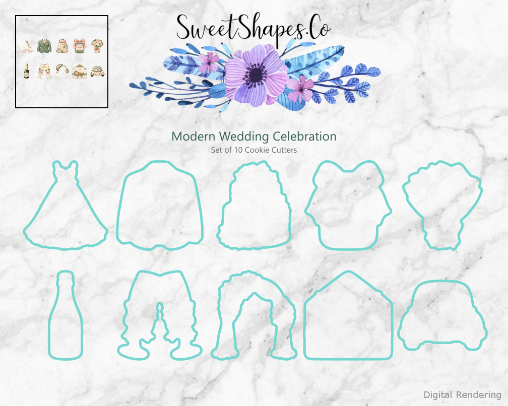Modern Wedding Celebration Cookie Cutters - Set of 10 - cutting outline overview