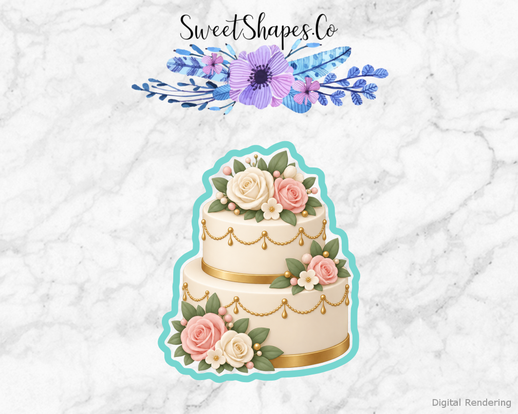 Modern Wedding Two Tier Wedding Cake cookie cutter artwork with teal cutting outline - part of the Modern Wedding Celebration set