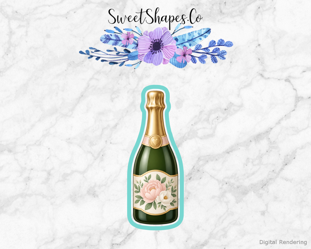 Modern Wedding Champagne Bottle with Floral Label cookie cutter artwork with teal cutting outline - part of the Modern Wedding Celebration set