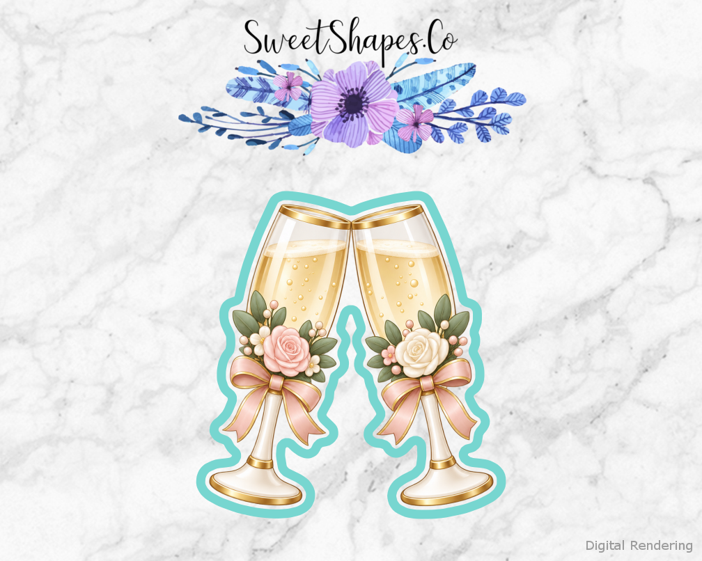 Modern Wedding Pair of Toasting Glasses cookie cutter artwork with teal cutting outline - part of the Modern Wedding Celebration set