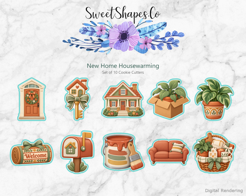 New Home Housewarming Cookie Cutters - Set of 10 - full colour overview with cutting outlines