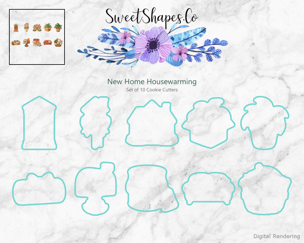 New Home Housewarming Cookie Cutters - Set of 10 - cutting outline overview