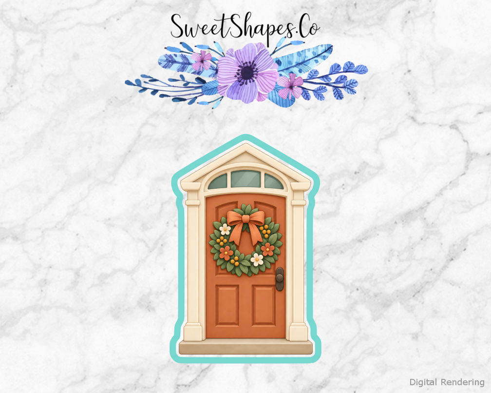New Home Front Door with Welcome Wreath cookie cutter artwork with teal cutting outline - part of the New Home Housewarming set