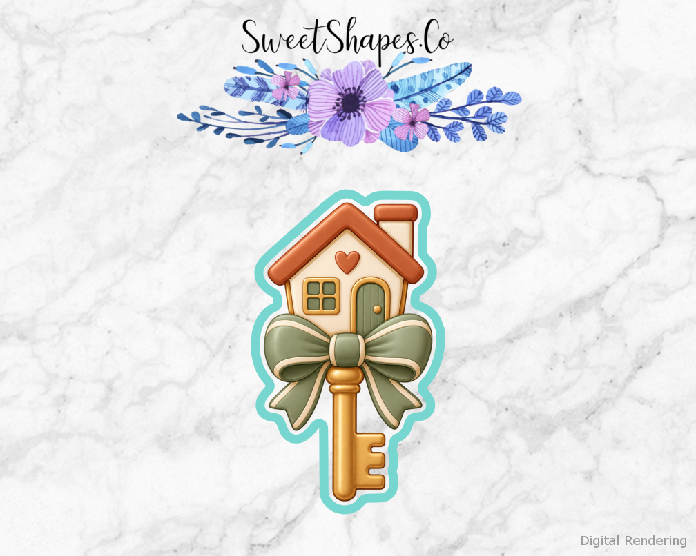 New Home New Home Key with House Bow cookie cutter artwork with teal cutting outline - part of the New Home Housewarming set