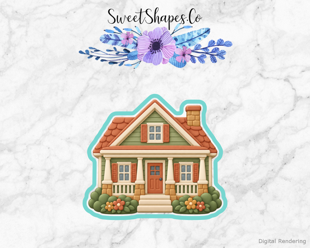 New Home House with Porch cookie cutter artwork with teal cutting outline - part of the New Home Housewarming set
