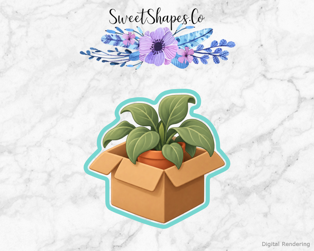 New Home Moving Box with Plant cookie cutter artwork with teal cutting outline - part of the New Home Housewarming set
