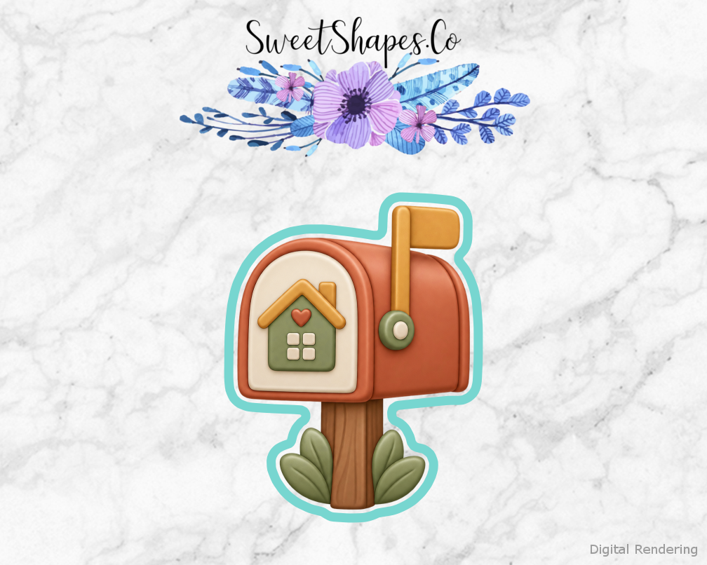 New Home Mailbox with House Badge cookie cutter artwork with teal cutting outline - part of the New Home Housewarming set