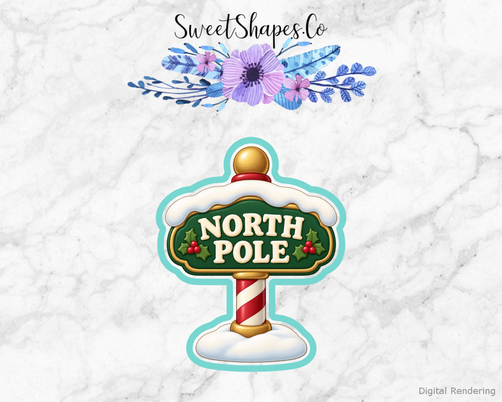 North Pole Post Office Sign cookie cutter artwork with teal cutting outline - part of the North Pole Post Office set