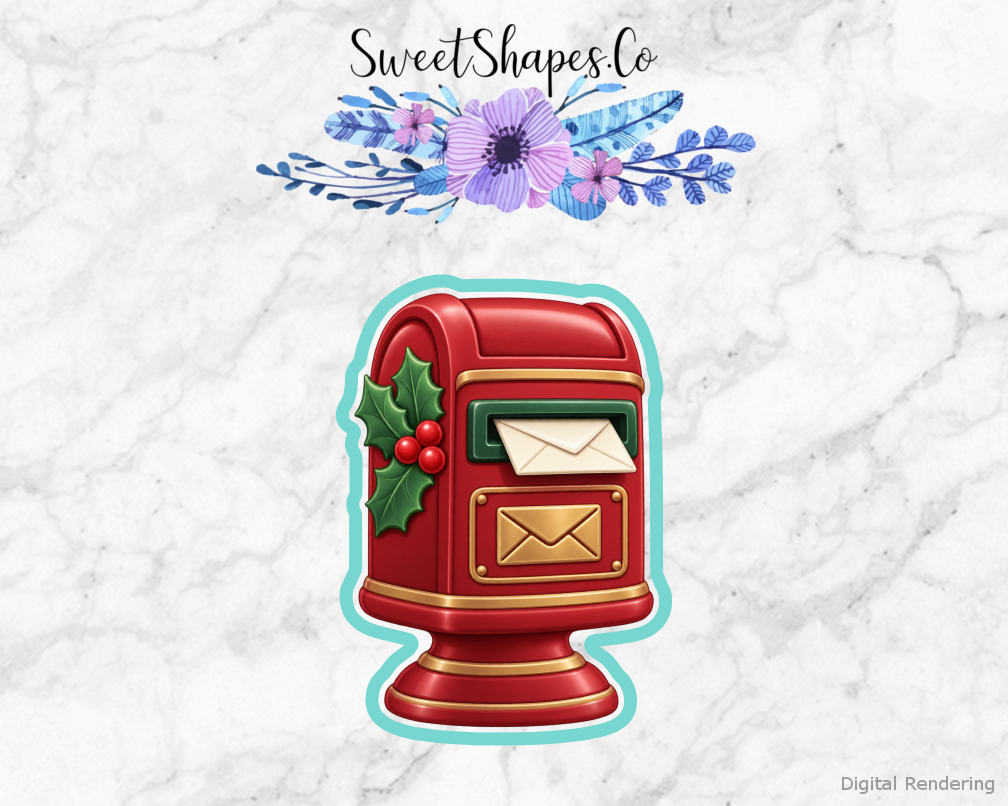Santa Mailbox cookie cutter artwork with teal cutting outline - part of the North Pole Post Office set
