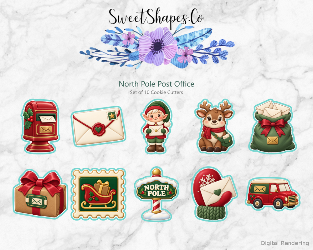 North Pole Post Office set of ten cookie cutters with festive artwork and teal cutting outlines
