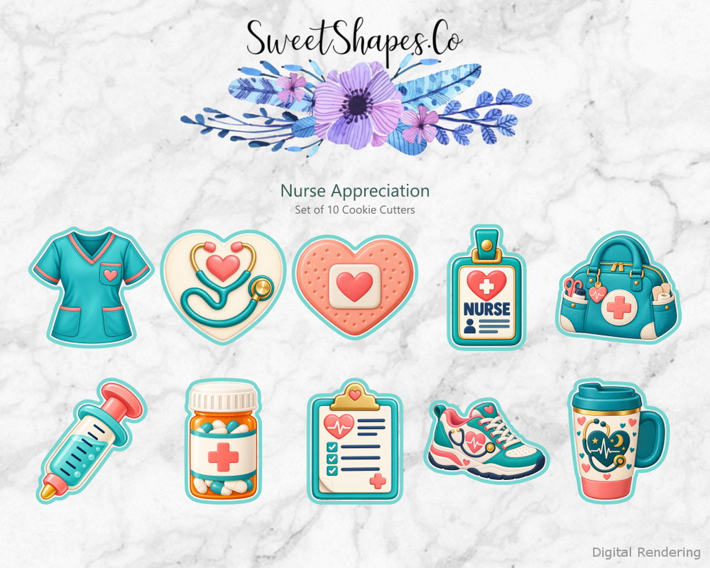 Nurse Appreciation Cookie Cutters - Set of 10 - full colour overview with cutting outlines
