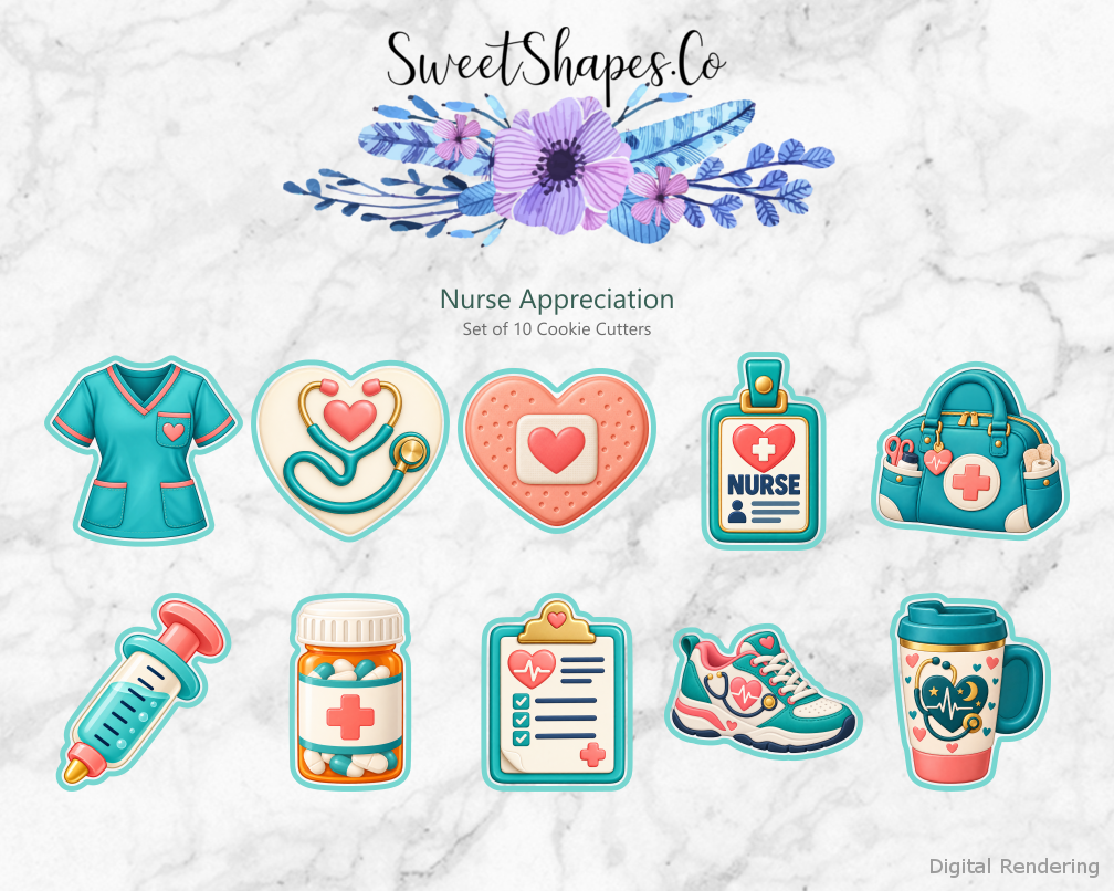 Nurse Appreciation Cookie Cutters - Set of 10 - full colour overview with cutting outlines