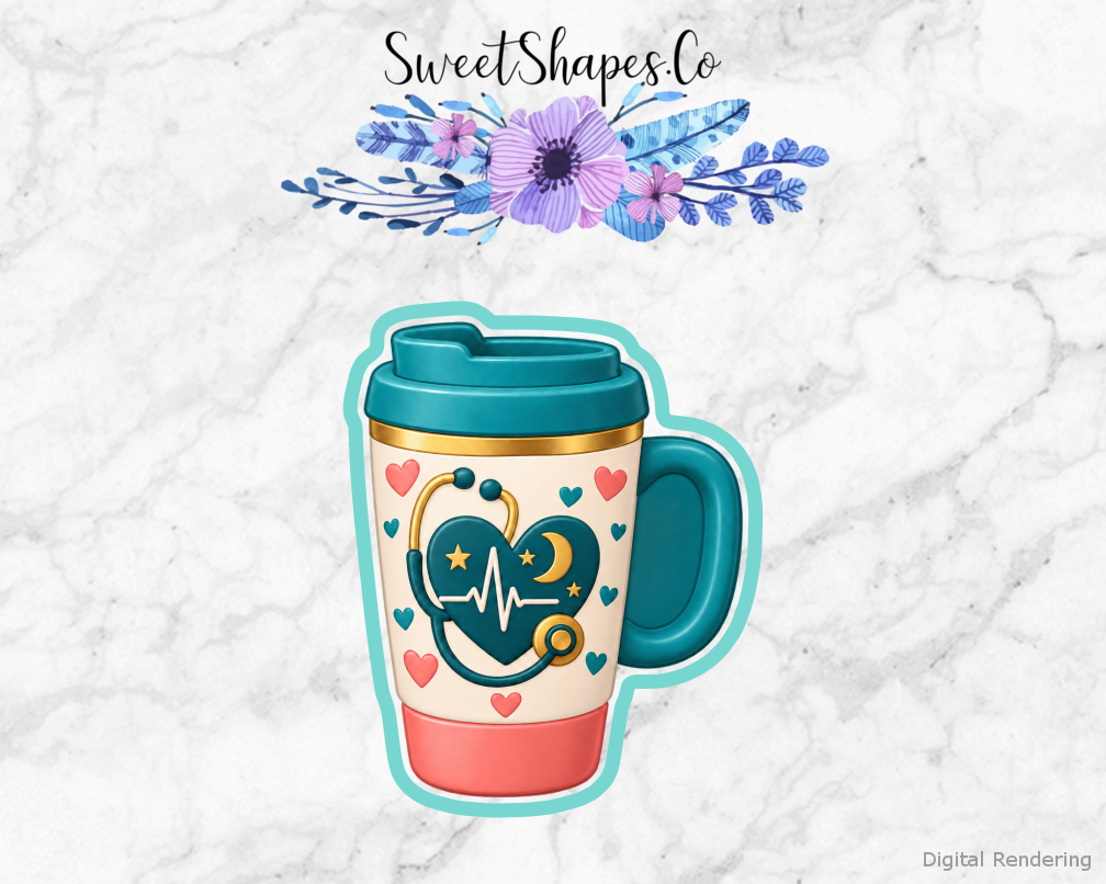 Nurse Care Night-Shift Coffee Cup cookie cutter artwork with teal cutting outline - part of the Nurse Appreciation set