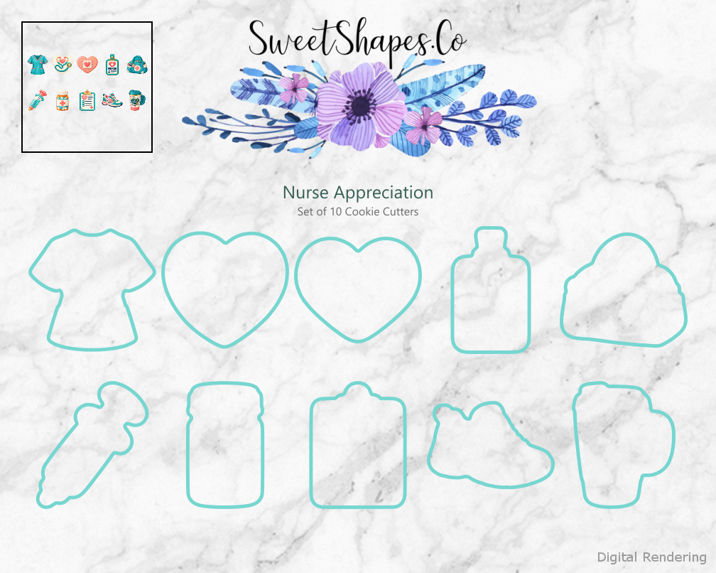Nurse Appreciation Cookie Cutters - Set of 10 - cutting outline overview