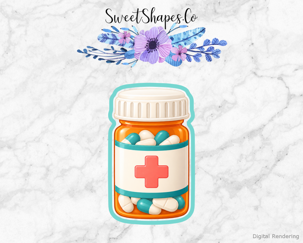 Nurse Care Pill Bottle cookie cutter artwork with teal cutting outline - part of the Nurse Appreciation set
