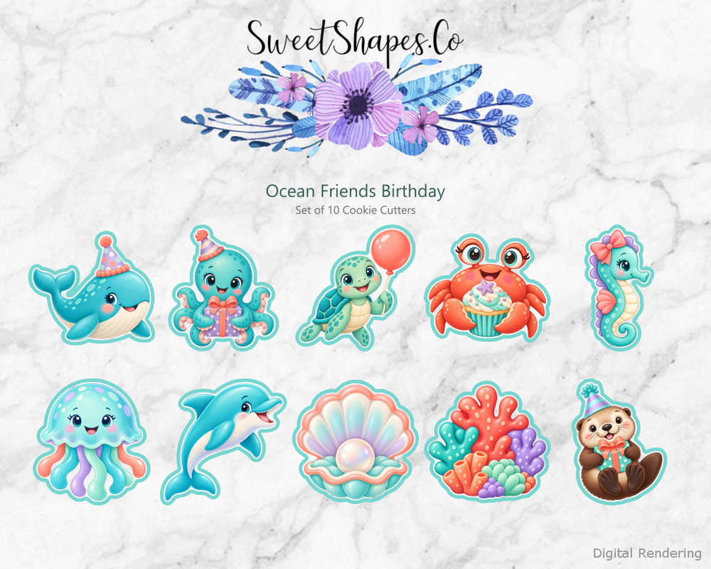 Ocean Friends Birthday Cookie Cutters - Set of 10 - full colour overview with cutting outlines