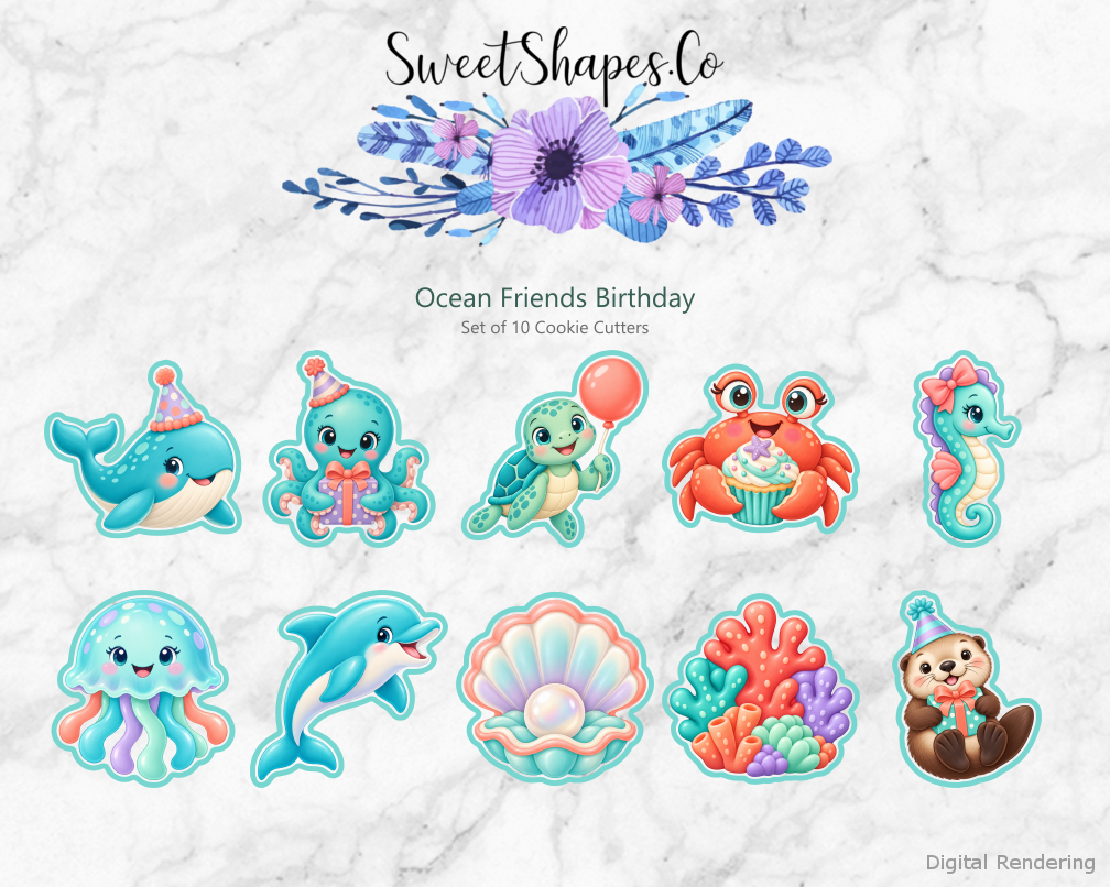Ocean Friends Birthday Cookie Cutters - Set of 10 - full colour overview with cutting outlines