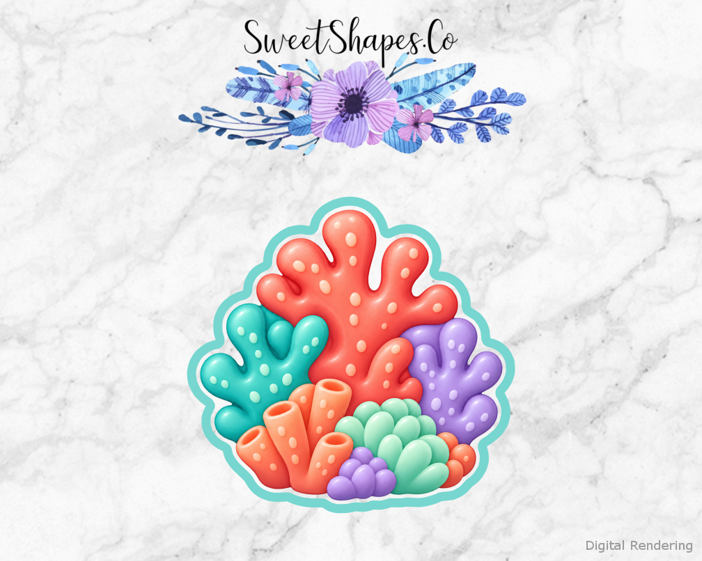 Ocean Party Chunky Coral Cluster cookie cutter artwork with teal cutting outline - part of the Ocean Friends Birthday set