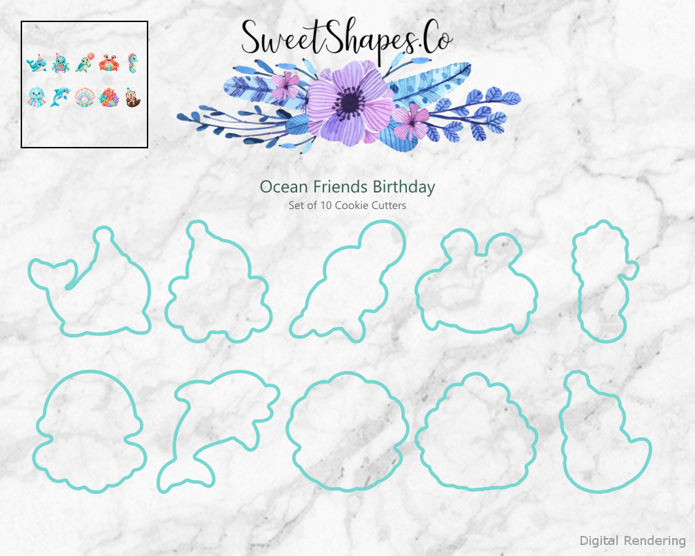 Ocean Friends Birthday Cookie Cutters - Set of 10 - cutting outline overview