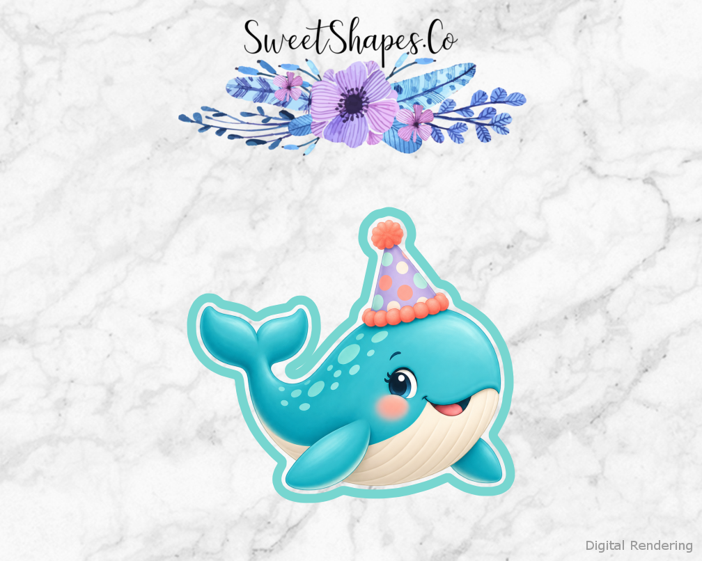 Ocean Party Party-Hat Whale cookie cutter artwork with teal cutting outline - part of the Ocean Friends Birthday set