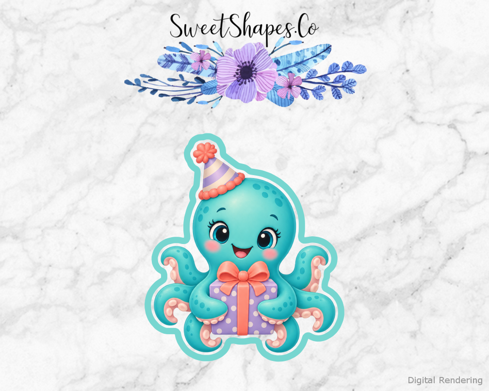 Ocean Party Octopus Holding A Gift cookie cutter artwork with teal cutting outline - part of the Ocean Friends Birthday set