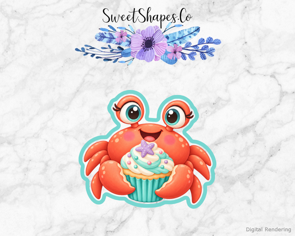 Ocean Party Crab With Cupcake cookie cutter artwork with teal cutting outline - part of the Ocean Friends Birthday set
