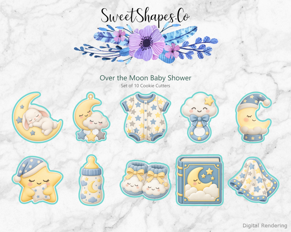 Over the Moon Baby Shower Cookie Cutters - Set of 10 - full colour overview with cutting outlines