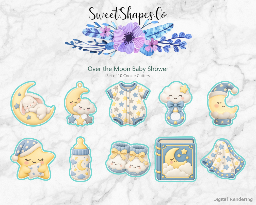 Over the Moon Baby Shower Cookie Cutters - Set of 10 - full colour overview with cutting outlines