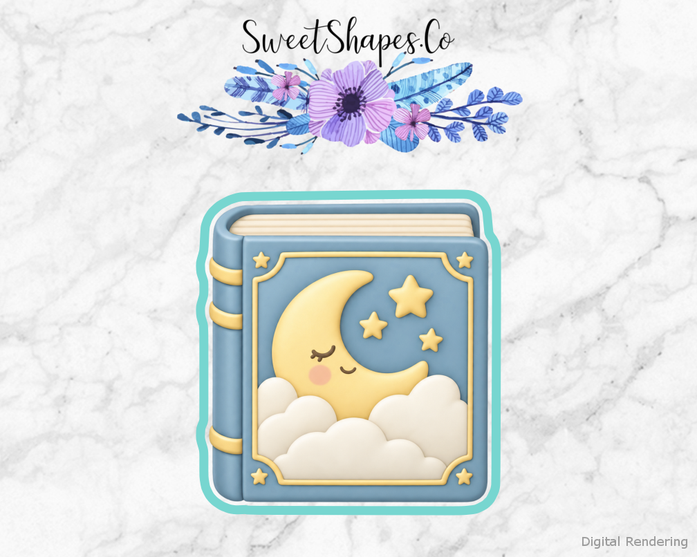 Moon Shower Bedtime Storybook cookie cutter artwork with teal cutting outline - part of the Over the Moon Baby Shower set