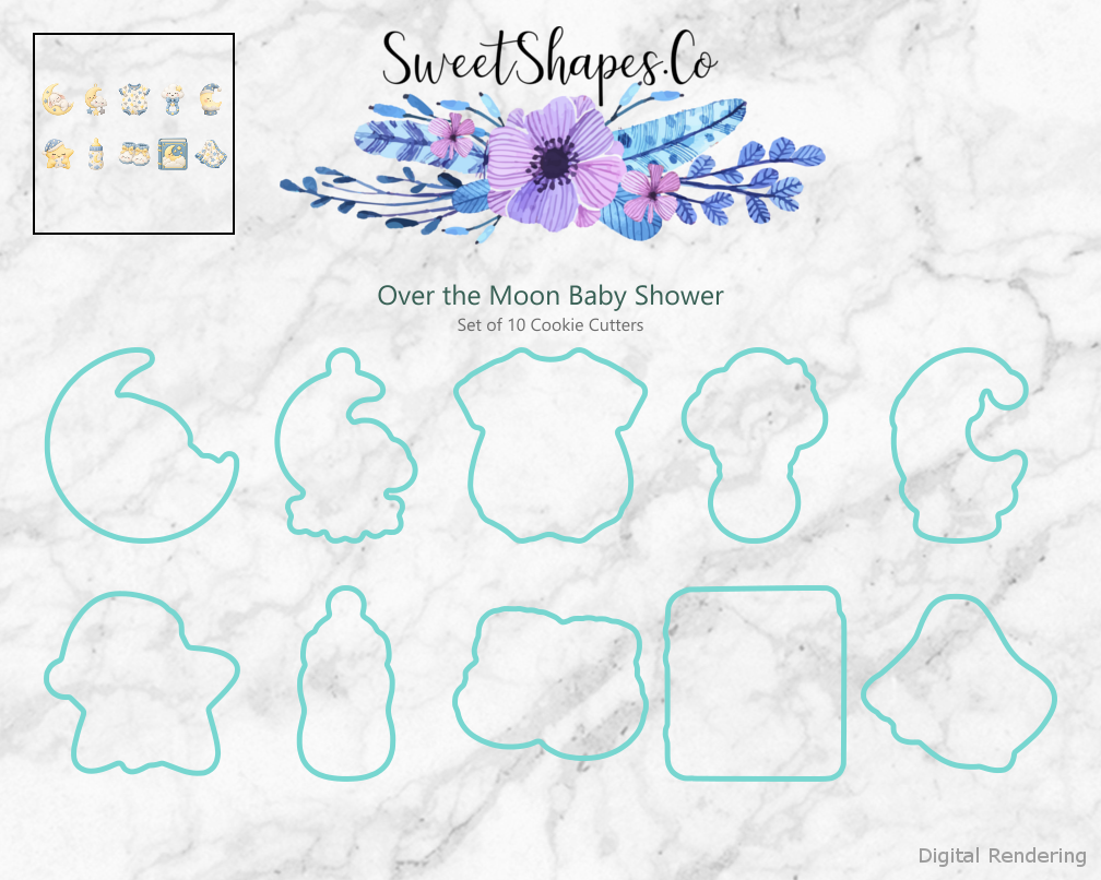 Over the Moon Baby Shower Cookie Cutters - Set of 10 - cutting outline overview