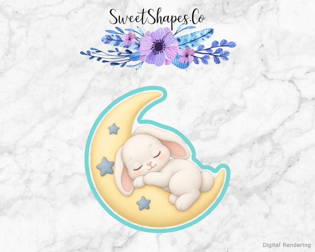 Moon Shower Sleeping Bunny on Crescent cookie cutter artwork with teal cutting outline - part of the Over the Moon Baby Shower set