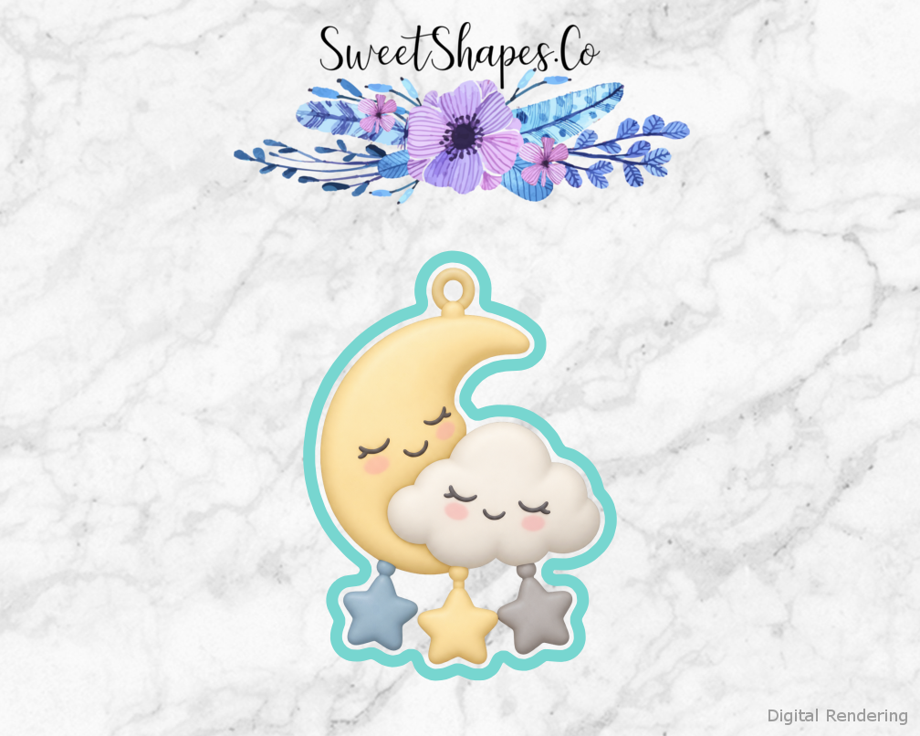 Moon Shower Moon and Cloud Mobile cookie cutter artwork with teal cutting outline - part of the Over the Moon Baby Shower set