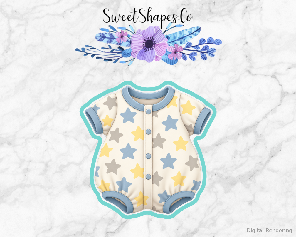 Moon Shower Star Pattern Baby Romper cookie cutter artwork with teal cutting outline - part of the Over the Moon Baby Shower set