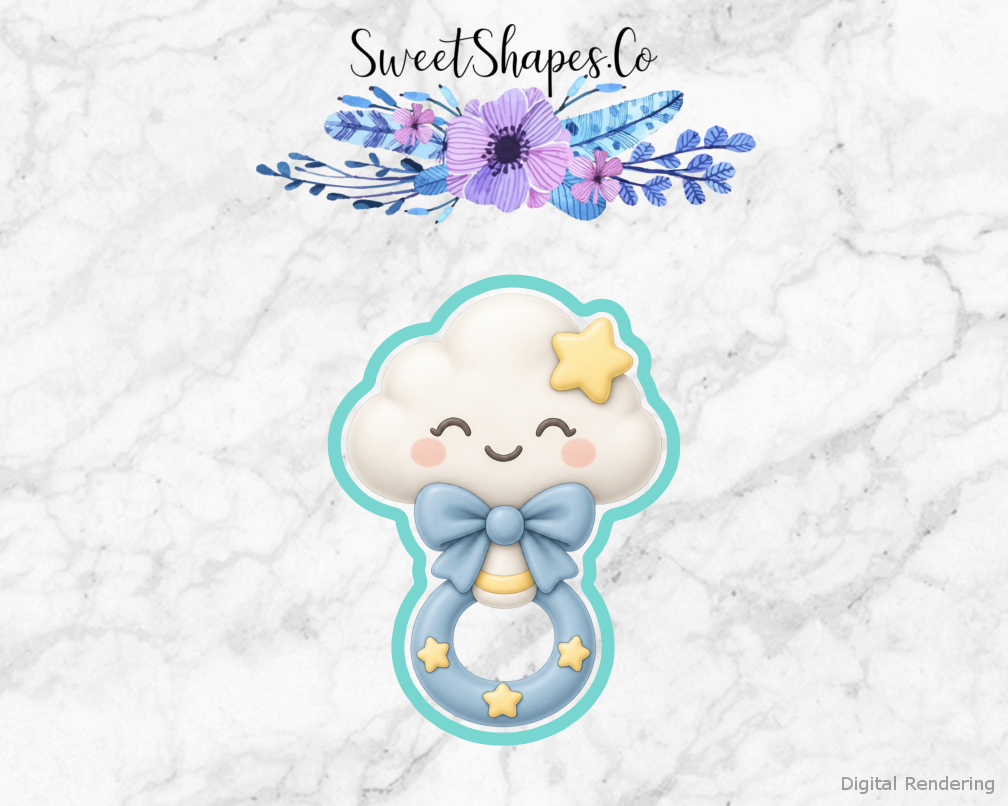 Moon Shower Cloud Baby Rattle cookie cutter artwork with teal cutting outline - part of the Over the Moon Baby Shower set