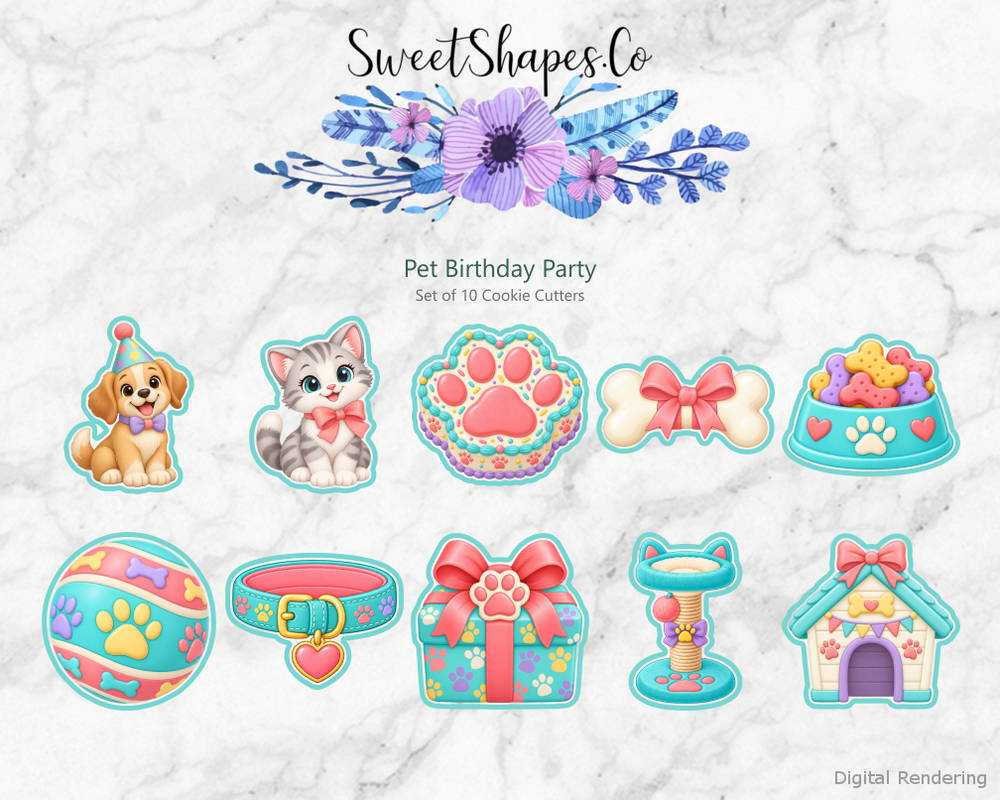 Pet Birthday Party Cookie Cutters - Set of 10 - full colour overview with cutting outlines