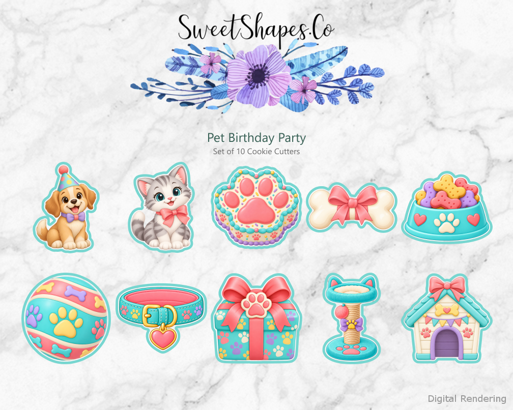 Pet Birthday Party Cookie Cutters - Set of 10 - full colour overview with cutting outlines