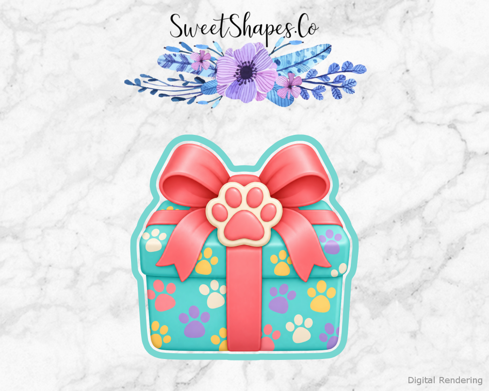 Pet Party Paw-Print Gift cookie cutter artwork with teal cutting outline - part of the Pet Birthday Party set